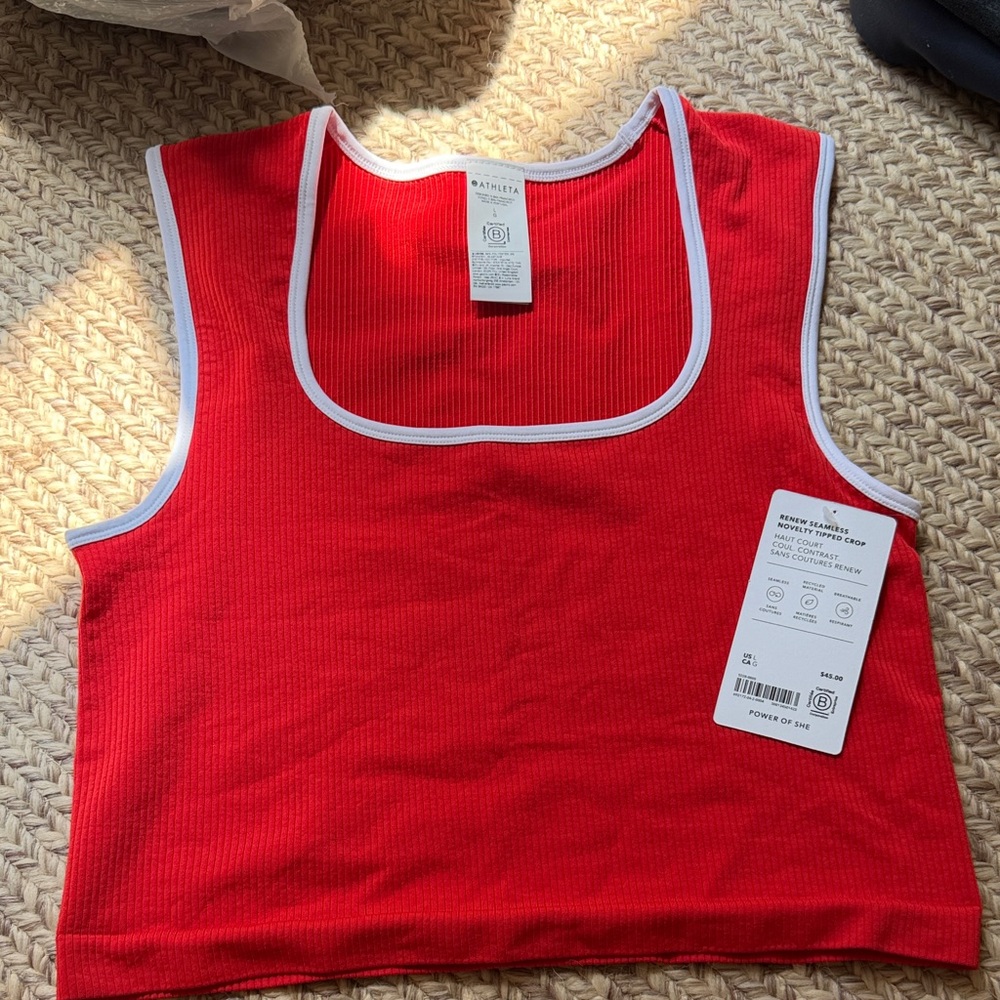 Athleta Red Ribbed Cropped Tank with White Trim
